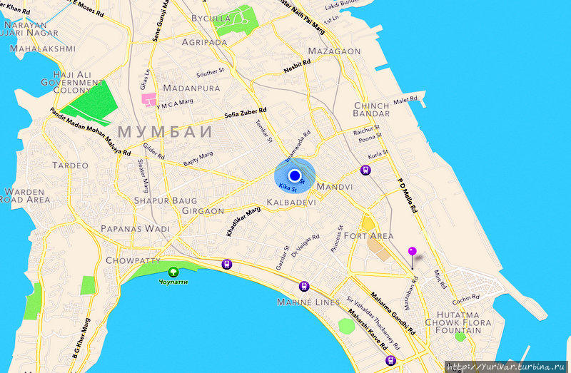 Голубая пульсирующая точка показывает наше текущее местоположение на местности. А булавка — место, где наш отель. Варанаси, Индия