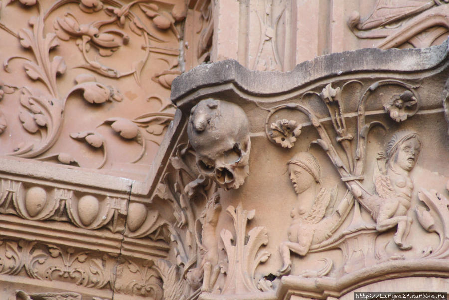 Фасад Университета. На правой пилястре на черепе сидит знаменитая саламанкская лягушка — талисман студентов. Первоначально же — предупреждение для них же об опасности соблазна сладострастия. Саламанка, Испания