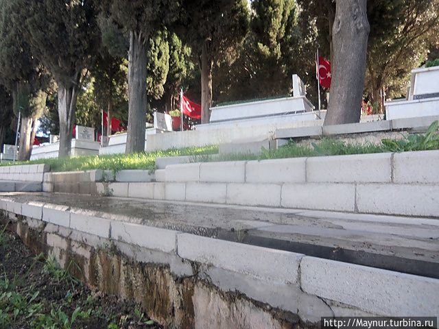 Проходя мимо такого кладбища, нельзя не обратить внимание, что над каждым захоронением установлен флаг Турции. Кладбище героев. Измир, Турция