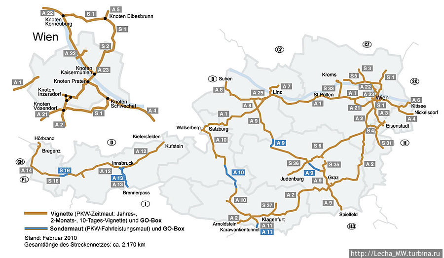 Карта платных дорог Австрии Австрия
