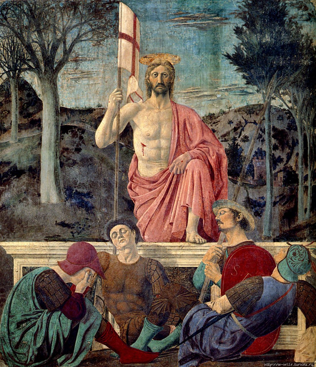 Воскрешение Христа, прим.1458-74гг. Предполагается, что Пьеро делла Франческа изобразил себя в образе солдата в коричневом платье. Сансеполькро, Италия