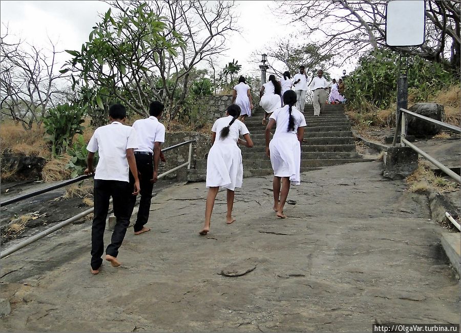Многие паломники из числа местных туристов проходят этот путь, заранее сняв обувь. Для них даже эти каменные ступени — уже святыни. Но мы не решились, иначе путь бы утроился во времени. Не привыкши мы ходить босыми ногами... Дамбулла, Шри-Ланка
