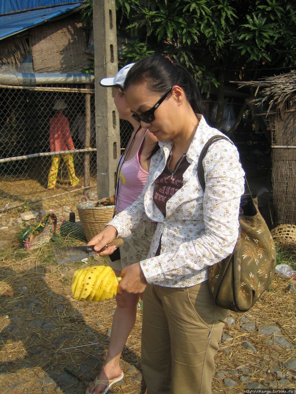 Ха (наш гид) показывает, как чистят ананас Дельта реки Меконг, Вьетнам