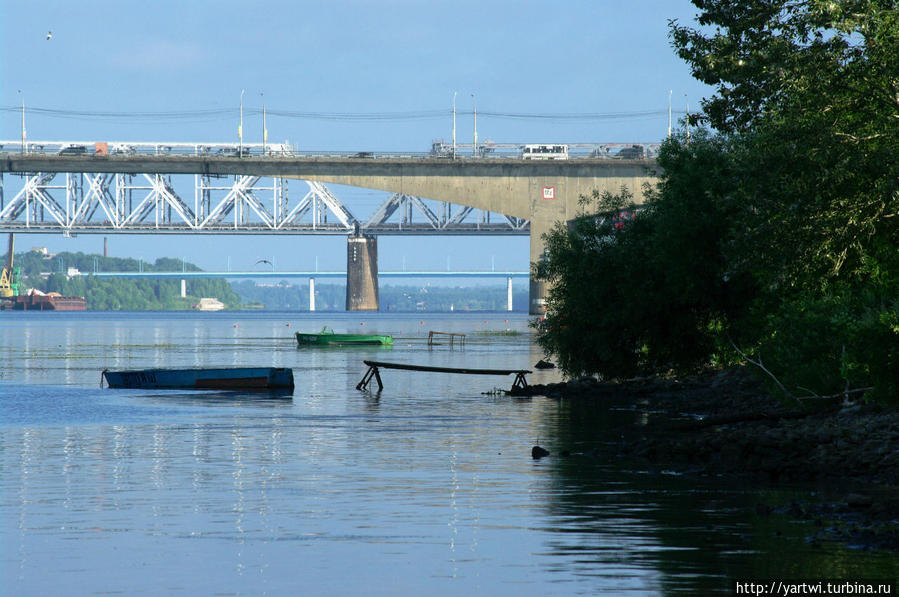 Вид Октябрьского моста (на заднем плане — железнодорожный) через реку Волга в Ярославле от Тверицкого пляжа (левый берег). Фрагмент Ярославль, Россия