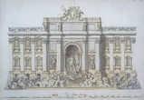 Проект по фонтана Треви: проспект фасада, 1733, ручка и коричневые чернила и черный мел, серый мыть и бистро, 397x557 мм
