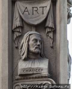 Темпл-Бар-Мемориал в Лондоне. Пилястра с эмблемой искусства в виде бюста Чосеру. Фото из интернета Лондон, Великобритания