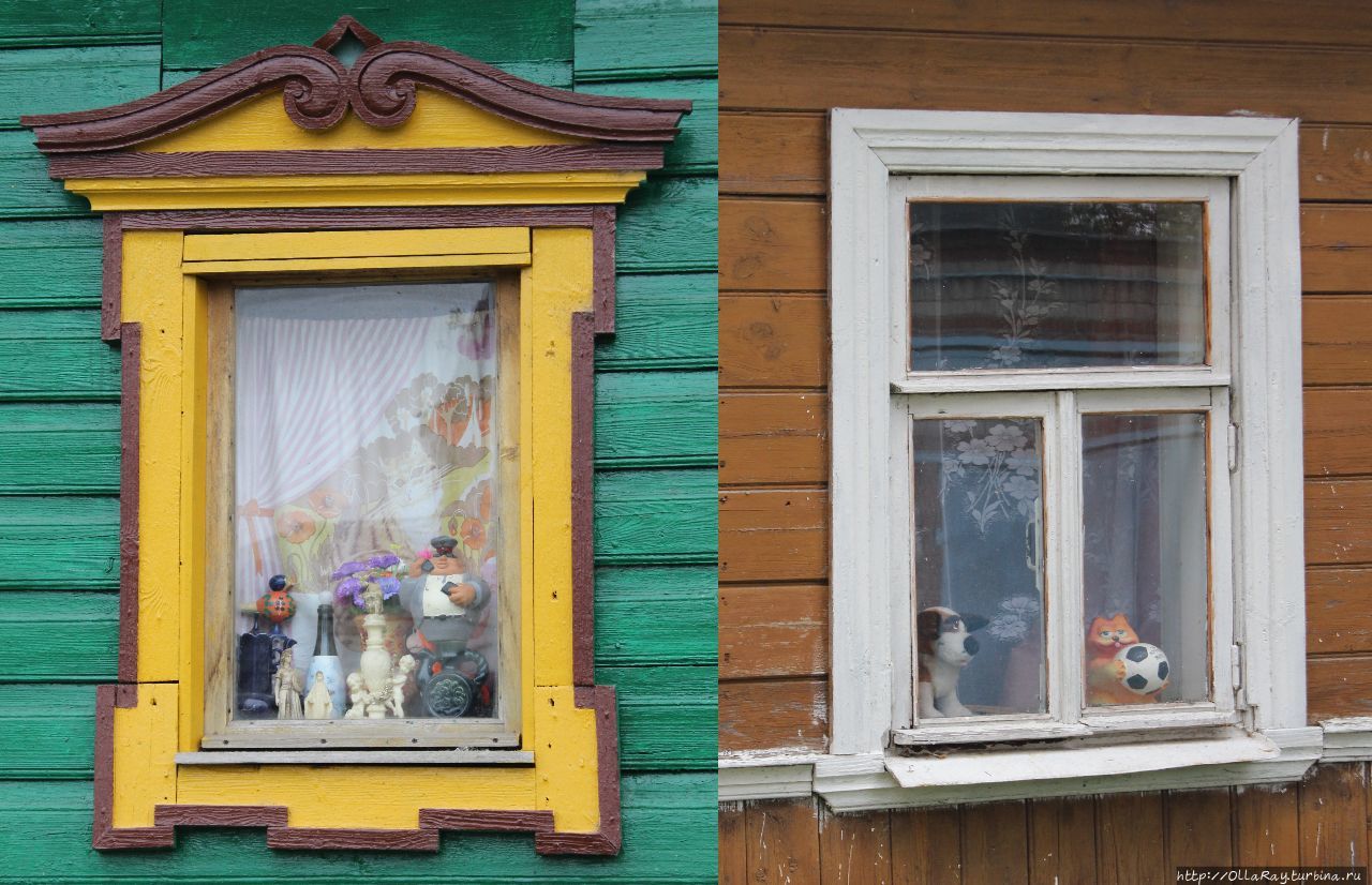 Жители здесь любят украсить окна не только затейливыми наличниками, но и выставкой чего попало — у кого что есть и что кому дорого. В общем, в некотором роде даже и мило. Но я бы предпочла герань:) Суздаль, Россия
