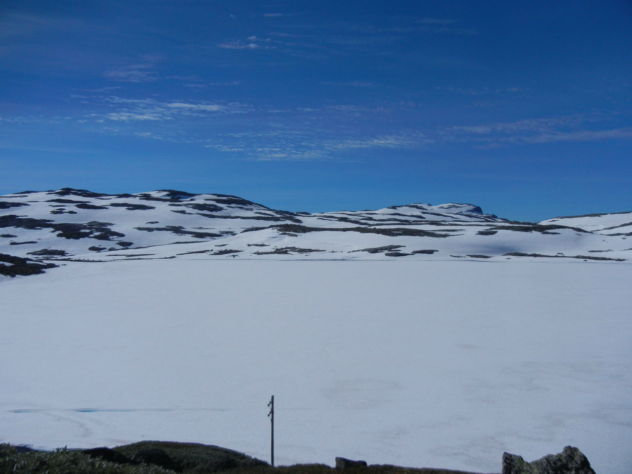Озеро Taugevatn в этом году так и не избавилось от льда. В этих местах, если повезет, можно встретить диких оленей. Финсе, Норвегия
