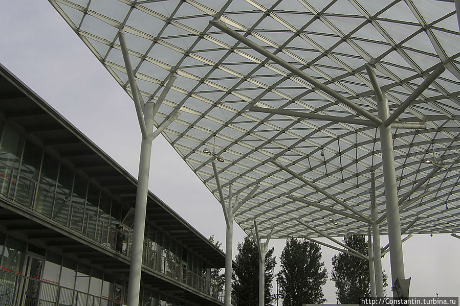 Пространство между павильонами накрывает решетчатое волонообразное покрытие из металла и стекла.