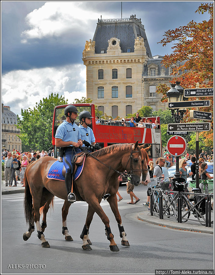 Бравая конная полиция грациозно вышагивает на виду у туристов, которых возят в двухэтажных красных автобусах. Париж есть Париж...
* Париж, Франция