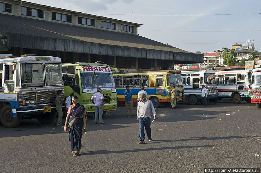 Ну, вот он автовокзал. Автобусы такие разноцветные. Хотя само здание — обшарпанное и невзрачное. Туда-сюда курсирует народ. Уже попахивает настоящей Индией...
* Мапуса, Индия