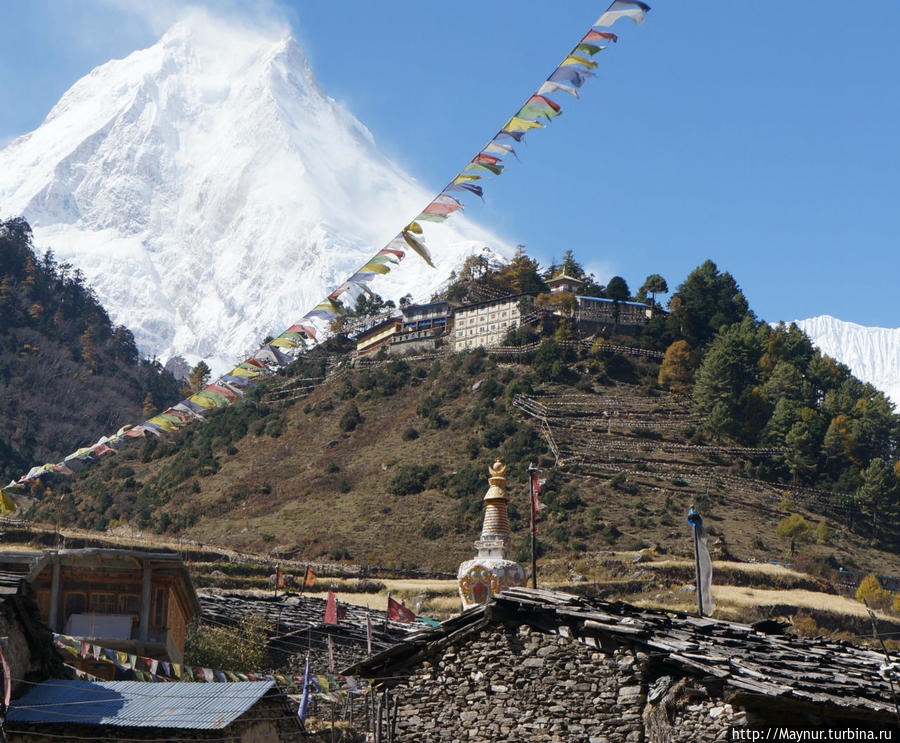 Вид   на   Манаслу   из  симпатичной   деревушки   Ло. Покхара, Непал