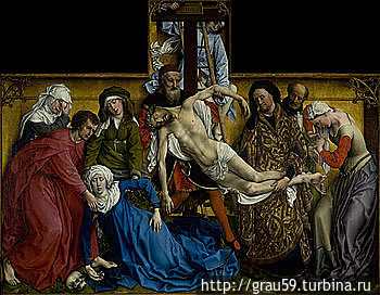 Снятие с креста , картина Рогира ван дер Вейдена. Никодим — мужчина в золотом парчовом одеянии, придерживающий голени Иисуса Иерусалим, Израиль