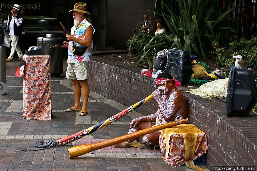 Разукрашенные аборигены играют на дудках-диджериду для туристов на главном Арбате города (Circular Quay). Надо отдать должное, играют отменно. Помня о своем опыте стритования, я так же оставил свое пожертвование в шляпе музыкантов.