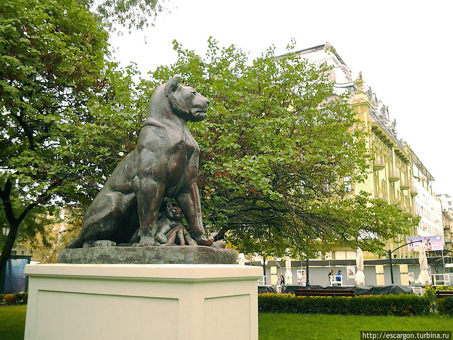 Чудесная львица с детенышами, сидящая возле центральной аллеи Чудесная львица с детенышами, сидящая возле центральной аллеи