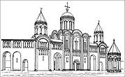 Комплекс зданий вокруг церкви Рождества Богородицы в XII веке. Реконструкция Н.Н.Воронина