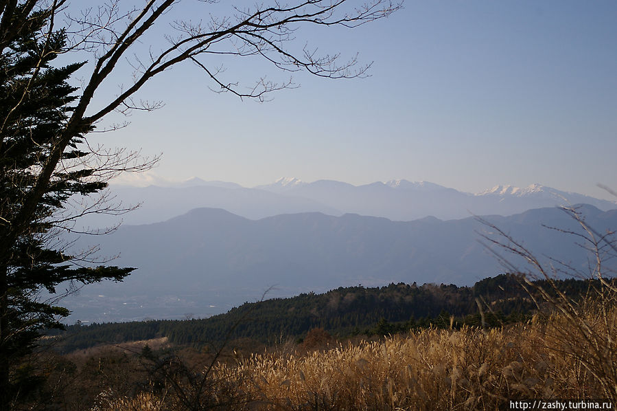 До базового лагеря (Fujinomiya 5th station), находящегося на высоте 2400 метров, летом ходит автобус, но сейчас в декабре дорога перекрыта, можно пройти только пешком. Вид на окрестности Фудзиномия, Япония