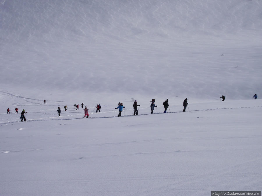 Туристы-лыжники, поднимающиеся на Юмъекорр Хибины Национальный Парк, Россия