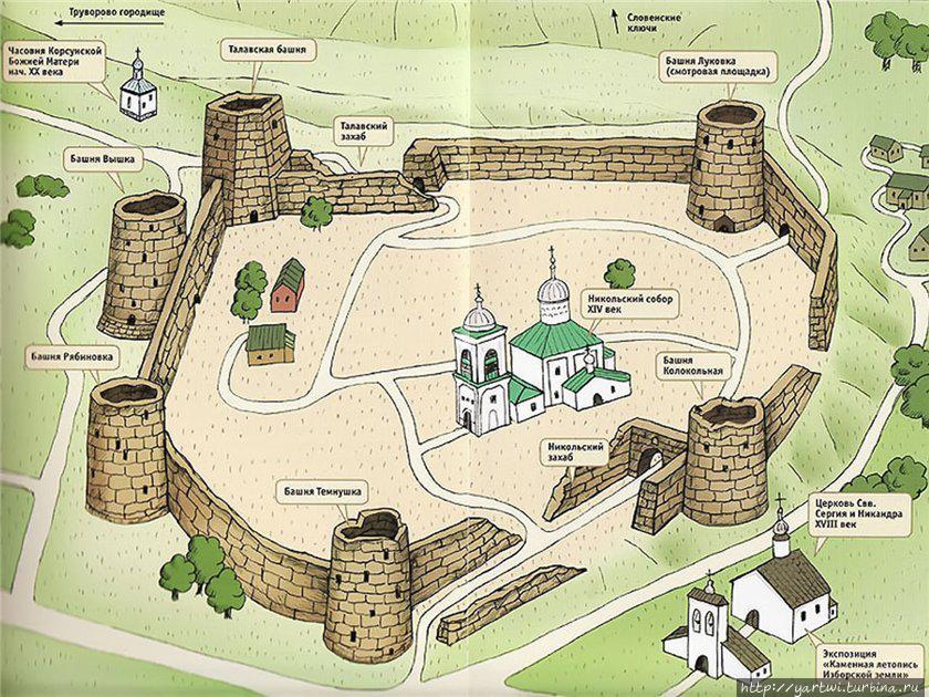 На просторах интернета нашли план-схему Изборской крепости, чтобы далее более понятны были наши фотографии и пояснения к ним. Изборск, Россия