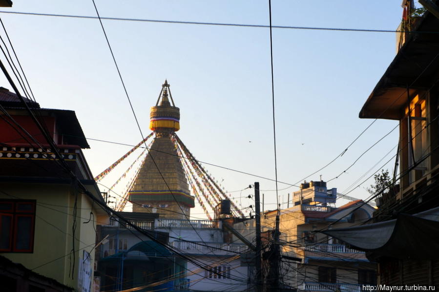 Ступа  кольцом  окружена   домами  в  три- четыре  этажа,  в  которых  размещены  монастыри,храмы,  школы  всевозможных  буддитских  направлений, торговые  точки  и гостиницы.
В  шесть  часов  утра,  мы  скорым  шагом  направляемся  к  ней —  солнце  уже  поднималось  над  горизонтом.. Катманду, Непал