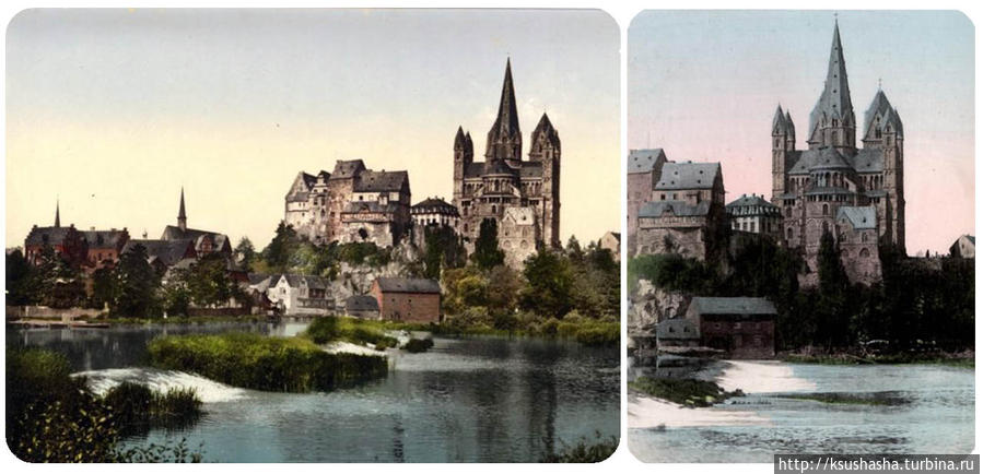 Вот такой вид на Собор со стороны реки Лан я нашла на старых открытках в интернете Лимбург-на-Лане, Германия