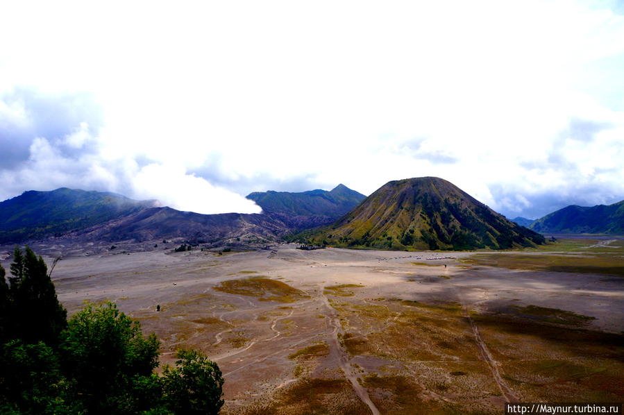 Вид  на  кальдеру  вулкана  с  тропы,  по  которой  мы  спускались  из   деревушки.  Большинство  туристов  спускаюся  на  заказных  джипах,   своих   мотоциклах,  мы  же  предпочитаем  до  всего  доходить  на  своих ногах. Бромо-Тенггер-Семеру Национальный Парк, Индонезия