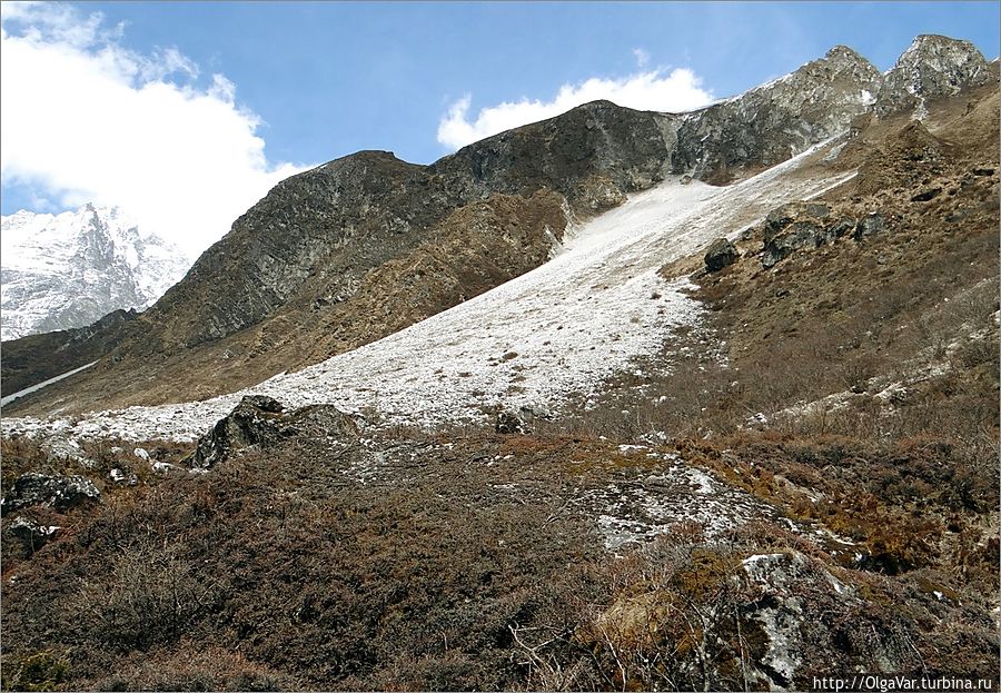 Впереди участок с лавиной из камней.  Со стороны кажется, что наклон не большой, и, если камни даже и сдвинутся, то мы этого можем и не заметить... Лангтанг, Непал