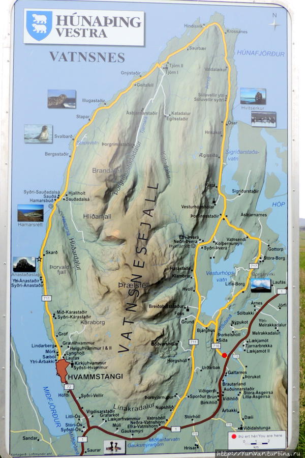 Карта достопримечательностей полуострова Ватснесс Саударкрокур, Исландия