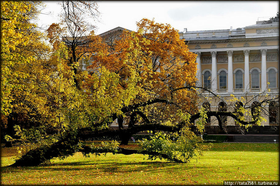 Большая открытая лужайка открывает прекрасный вид на  северный фасад Русского музея. Санкт-Петербург, Россия
