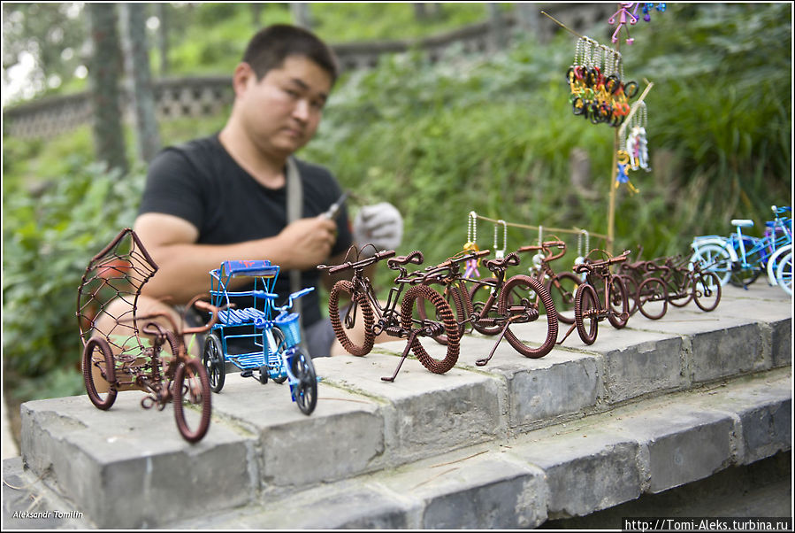 Пекин — город велосипедов. Это в последнее время здесь появилось огромное количество автомобилей, а были времена, когда большинство горожан пользовались только велосипедами. Во многих парках города можно встретить умельцев, которые изготавливают на ваших глазах вот такие мини-велосипедики из проволоки. И они пользуются спросом...
* Пекин, Китай