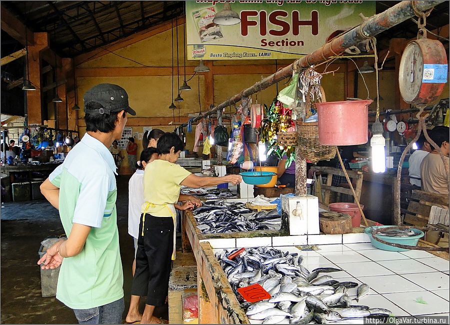 В отличие от большинства рынков в других филиппинских городках, что приходилось мне видеть, мясной и рыбный отсеки размещены под крышей маркета в одном большом помещении, не разделенном никакими перегородками Хагна, остров Бохол, Филиппины