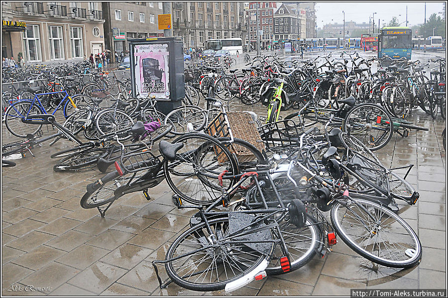 Такой грандиозной свалки велосипедов, да еще под дождем, я не видел больше нигде... Так что Амстердам умеет удивить туристов, и часто — своим эпатажем. В этом, видимо, его прелесть и его отличие... 
Продолжение в серии 2
* Амстердам, Нидерланды
