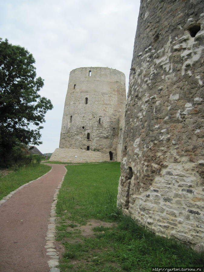 Вид снаружи Изборской крепости от башни Рябиновка до башни Вышка. Башня  Вышка считается самой высокой башней крепостей.
