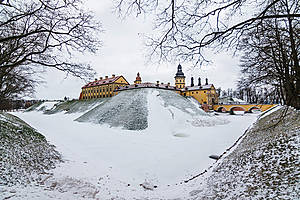 В начале XVI века владельцы Несвижа со смешной фамилией Кишки построили на этом месте деревянный замок. Впоследствии замок неоднократно перестраивался и менял владельцев. Во время войны 1654-1667 годов замок выдержал две осады русских войск.