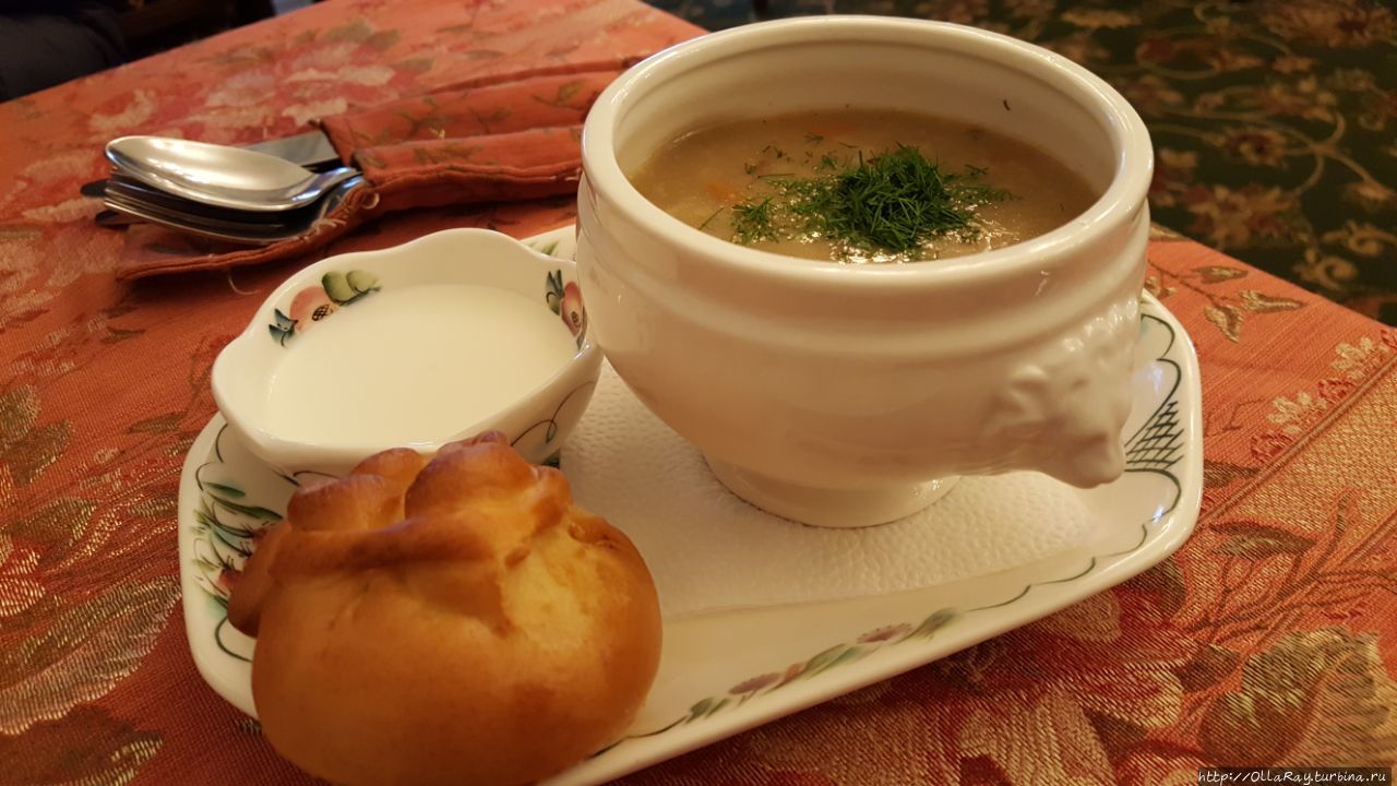 Густой грибной суп съ боровиками и опятами, пирожком дополненный. Нижний Новгород, Россия