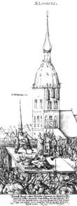 Казнь анабаптистов в Мюнстере — исторический рисунок пером. На старой башне видны уже приготовленные клетки