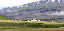 Исландский пейзаж. В июле везде идет заготовка сена