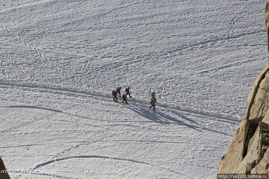 Вон те маленькие точки на снежном поле — это люди, идущие на подъем. Шамони, Франция