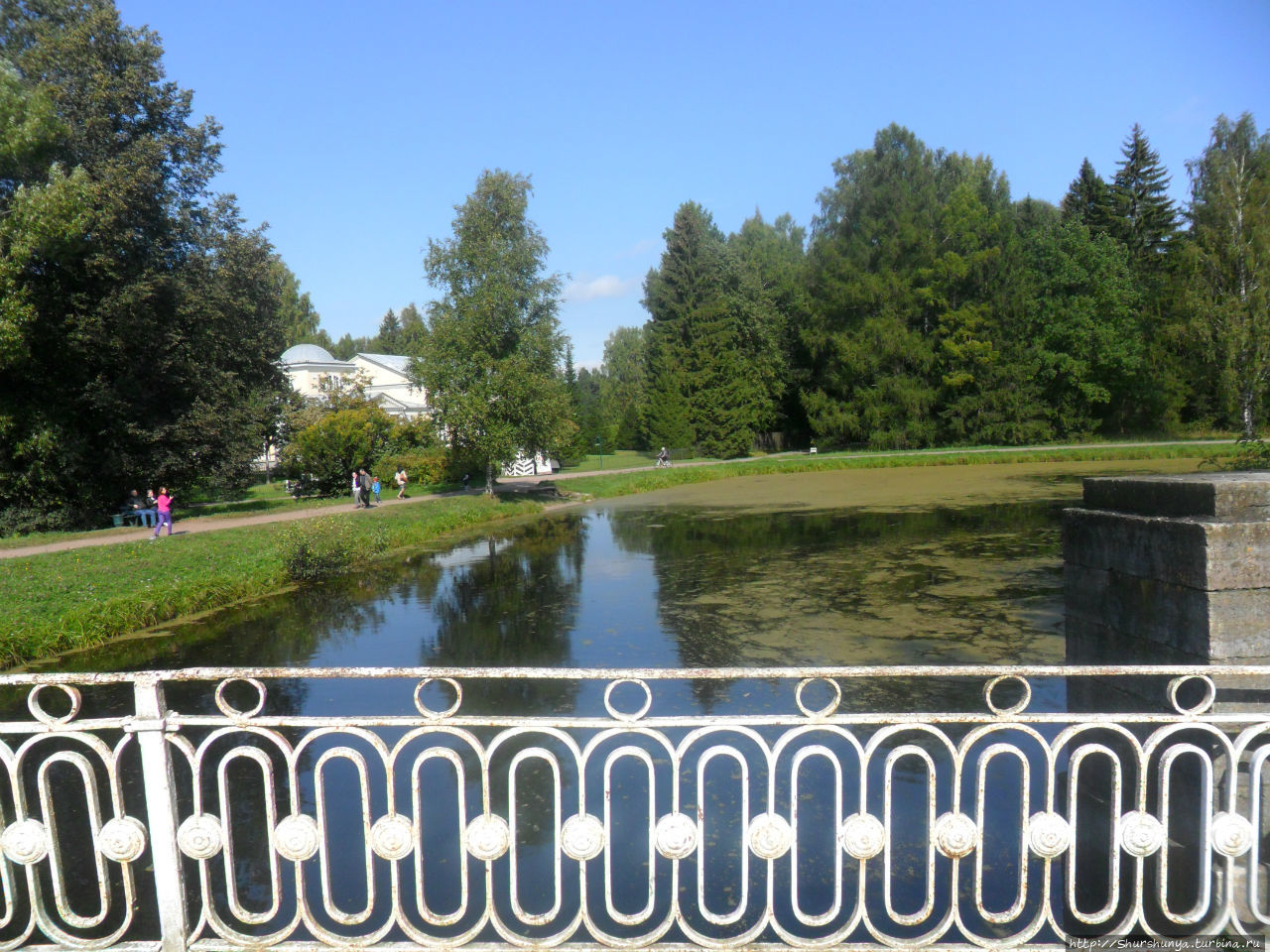 Вид на Розовый дворец с мостика через озеро. Павловск, Россия