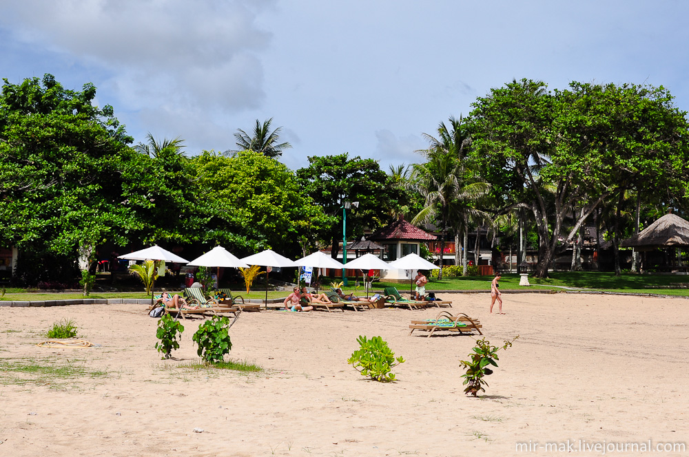 Каждый отель выставляет свои шезлонги на песке. Нуса-Дуа, Индонезия