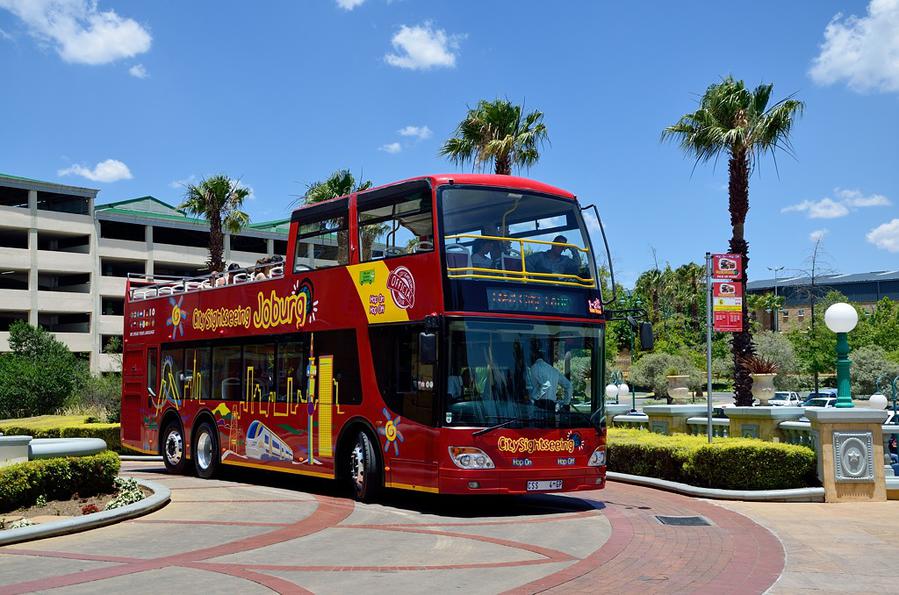 Красный автобус у казино Голд Риф