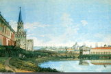 Неизвестный художник. Запруда на реке Неглинной, 1800  – 1811. Слева направо: Арсенал, Троицкая башня, Троицкий мост, Кутафья башня (Из Интернета)