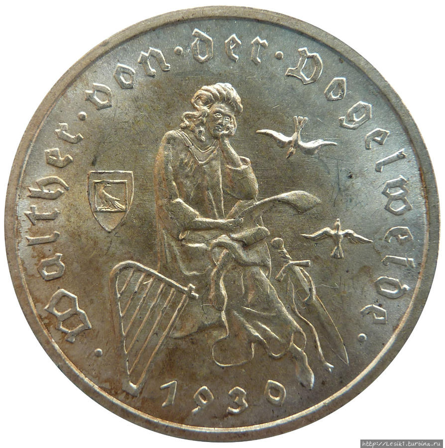 2 шиллинга 1930 года — австрийская памятная монета, посвященная 700-летию со смерти Вальтера фон дер Фогельвейде Лаион, Италия