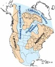 Северная Америка в середине мелового периода; центр будущего континента занимают Западное и Гудзоново внутренние моря (Из Интернета)