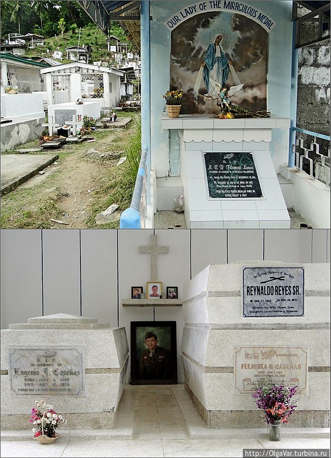 * Со временем Хагна разрослась не только в длину, но и вширь и уперлась в городское кладбище, устроенное на пригорке. Интересно, что филиппинцы не хоронят умерших в землю, а оставляют саркофаги снаружи, размещая последующие сверху, друг над другом * Со временем Хагна разрослась не только в длину, но и вширь и уперлась в городское кладбище, устроенное на пригорке. Интересно, что филиппинцы не хоронят умерших в землю, а оставляют саркофаги снаружи, размещая последующие сверху, друг над другом