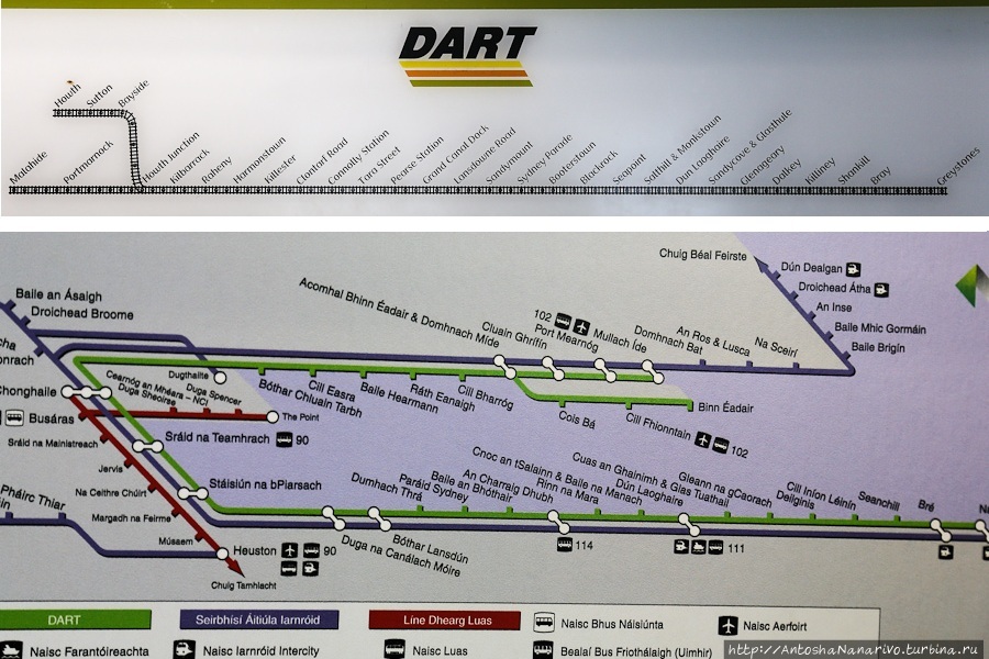 Вверху – схема линий ДАРТ на английском языке. Внизу – схема ДАРТ по-ирландски совместно со смежными видами транспорта. Здесь зелёная линия – это ДАРТ, фиолетовая – междугордная электричка, а красная – трамвай. Дублин, Ирландия