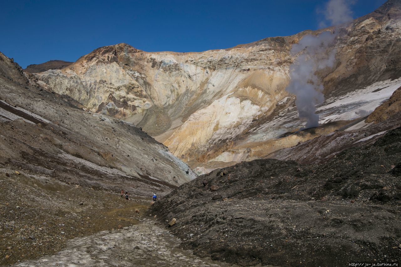 Возвращаемся в первый кратер. Справа вы видите черную гадость — это в 2000-м году горячая грязь текла 600 метров из той самой ледниковой вороночки. Мутновский вулкан и окрестности (2323м), Россия