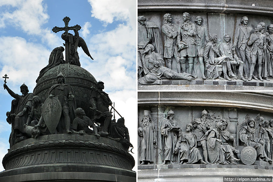 … Большой урон был нанесен историческому наследию во время войны. С августа 1941 года по январь 1944 года Новгород был на линии фронта. Советские войска, освободив Новгород, увидели город практически разрушенным и безлюдным. Памятник Тысячелетию России был разобран на части для отправки в Германию, но его вывезти не успели. На картине Кукрыниксов «Бегство фашистов из Новгорода», что находится в Русском музее Санкт-Петербурга, изображена площадь перед Софийским собором, а в снегу на площади лежат фрагменты разбитой скульптуры. Памятник был восстановлен уже к ноябрю 1944 года. … Большой урон был нанесен историческому наследию во время войны. С августа 1941 года по январь 1944 года Новгород был на линии фронта. Советские войска, освободив Новгород, увидели город практически разрушенным и безлюдным. Памятник Тысячелетию России был разобран на части для отправки в Германию, но его вывезти не успели. На картине Кукрыниксов «Бегство фашистов из Новгорода», что находится в Русском музее Санкт-Петербурга, изображена площадь перед Софийским собором, а в снегу на площади лежат фрагменты разбитой скульптуры. Памятник был восстановлен уже к ноябрю 1944 года.