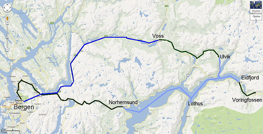Схема тура Hardanger in Nutshell Берген, Норвегия