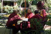 За  столиками,  которые  установлены  прямо  на  траве, зачастую  можно  было  увидеть  беседующих  монахов.